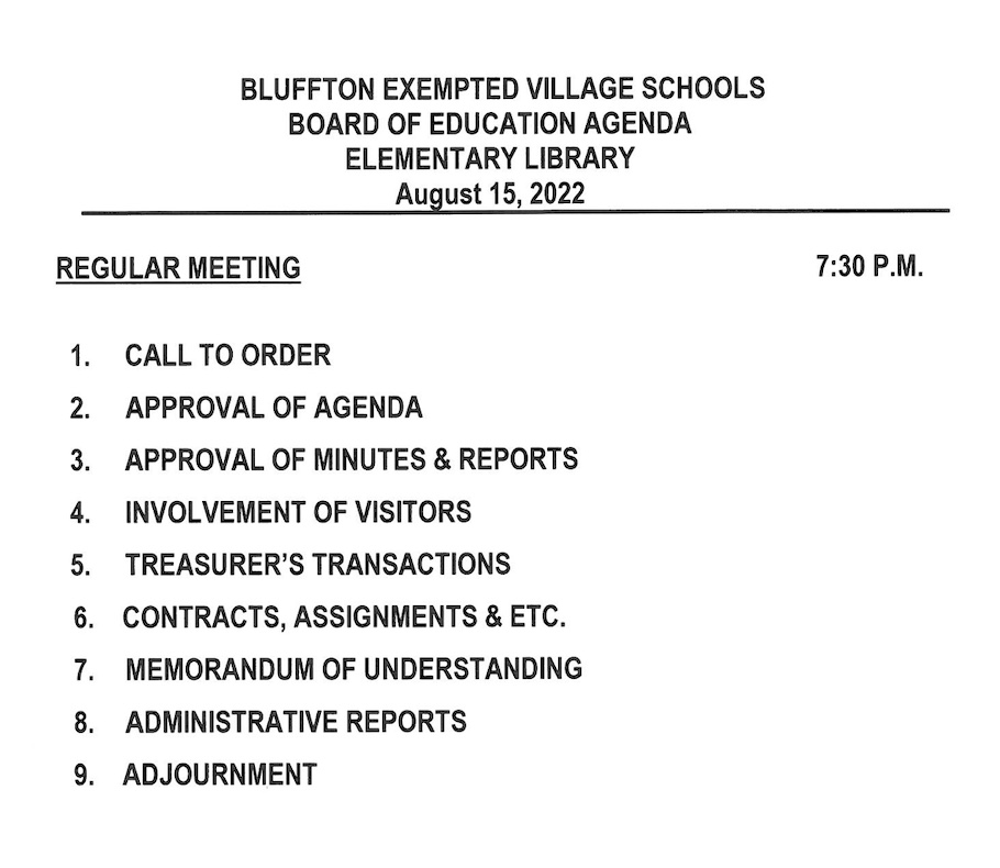 Bluffton Board of Education agenda for August 15 Bluffton Icon