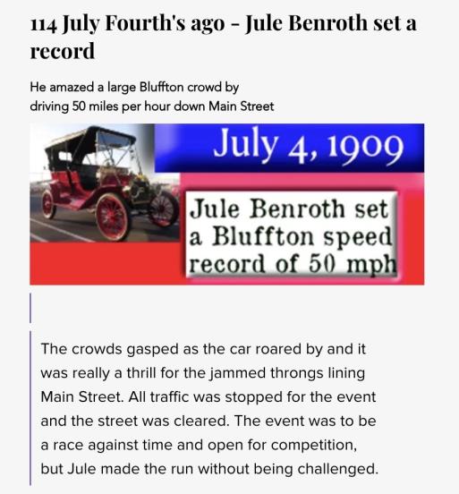 114 Fourth of July’s ago Jule Benroth set a Bluffton speed record